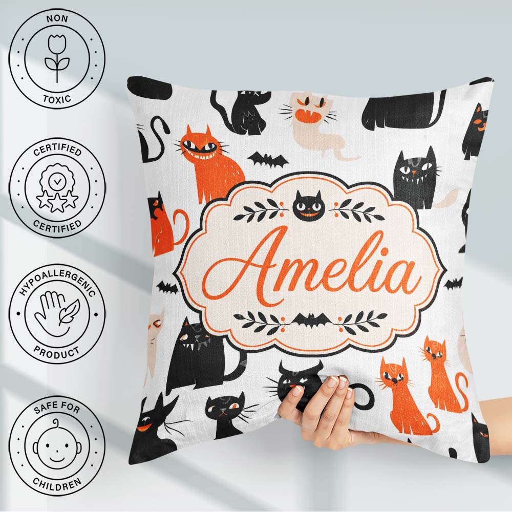 Custom Name Cute Black Cats Orange Accents Seamless Pattern Name Square Filled Cushion Throw Pillow Sofa Bed Home Decor Zip Washable UK Made