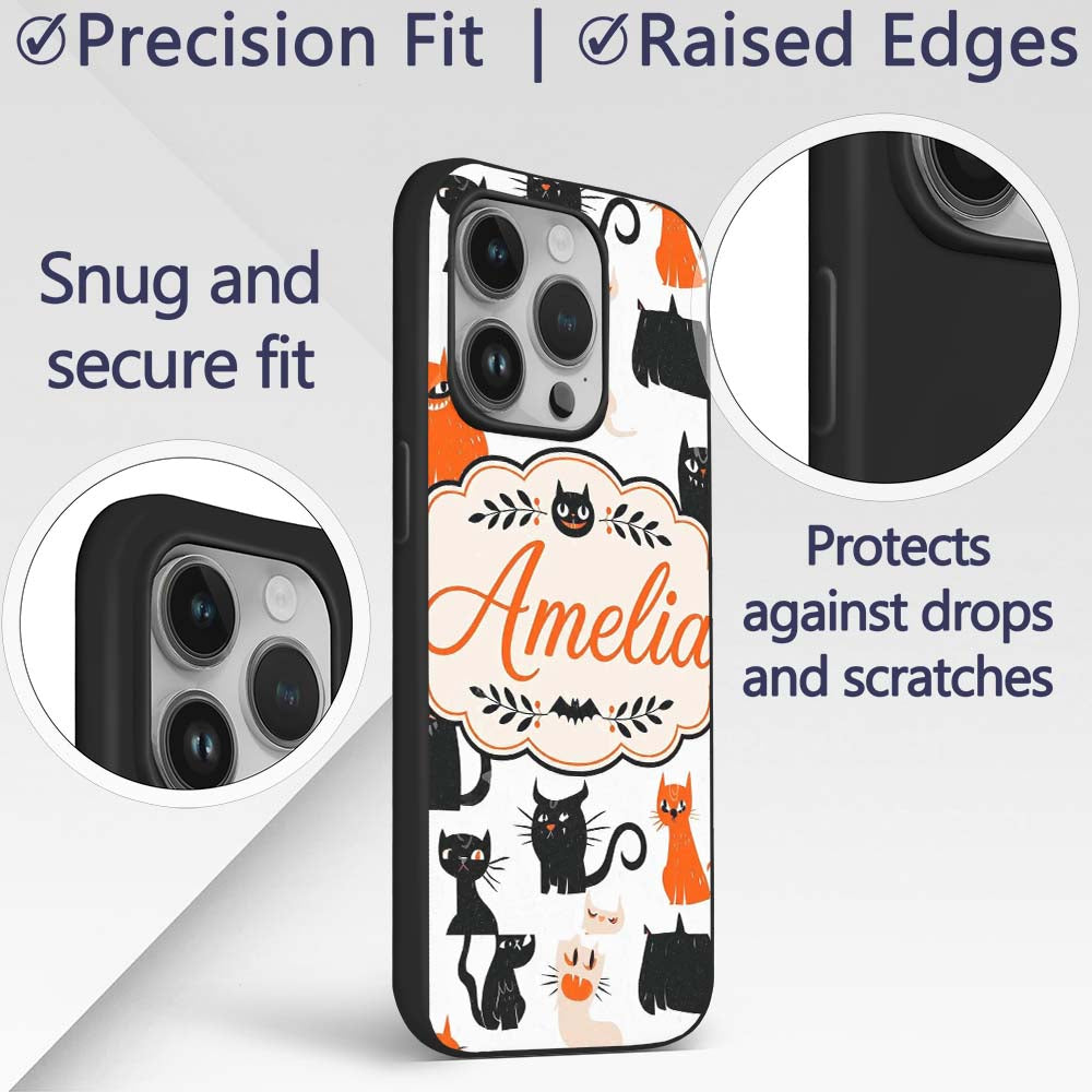 Cute Halloween Black Cats Orange Accents Seamless Custom Name Protective Phone Case Mobile Cover Durable Everyday Smartphone Shock Resistant
