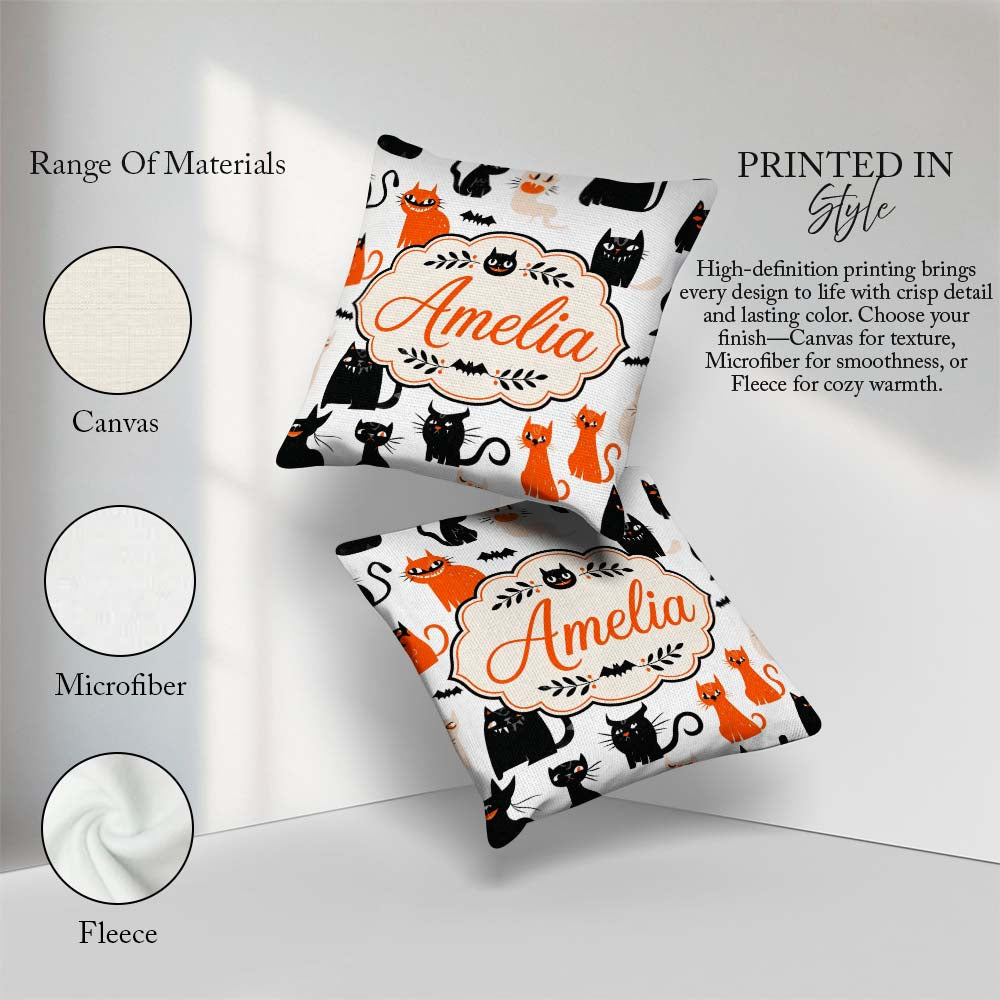 Custom Name Cute Black Cats Orange Accents Seamless Pattern Name Square Filled Cushion Throw Pillow Sofa Bed Home Decor Zip Washable UK Made
