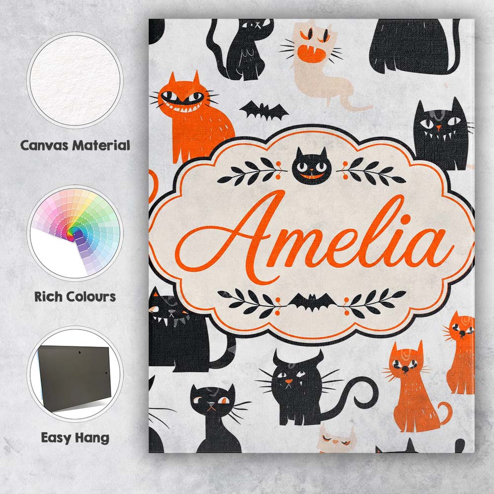 Personalised Name Cute Halloween Black Cats Custom  Bespoke Interior Contemporary Canvas Wall Art Print Decor Picture Ready to Hang