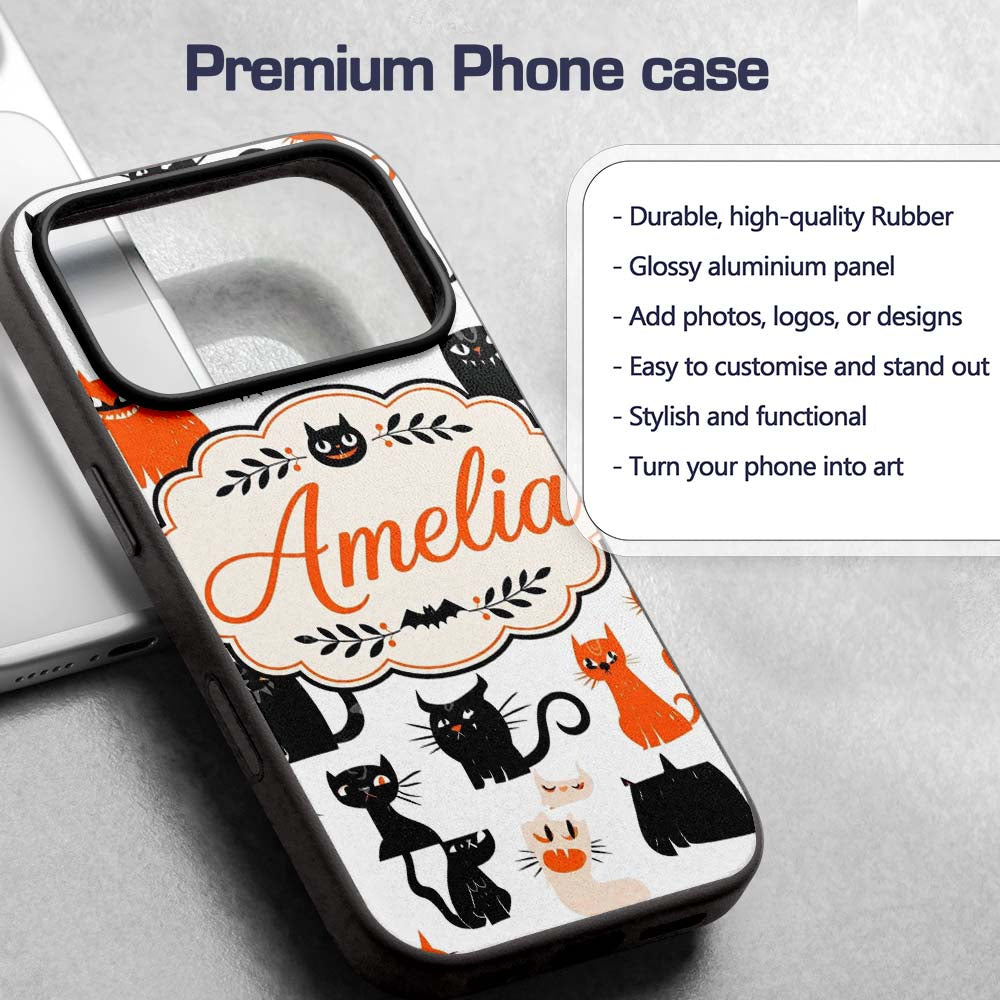 Cute Halloween Black Cats Orange Accents Seamless Custom Name Protective Phone Case Mobile Cover Durable Everyday Smartphone Shock Resistant