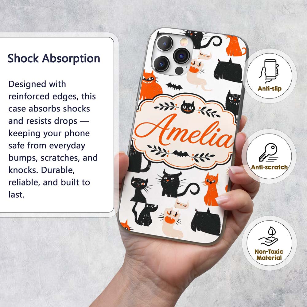 Cute Halloween Black Cats Orange Accents Seamless Custom Name Protective Phone Case Mobile Cover Durable Everyday Smartphone Shock Resistant
