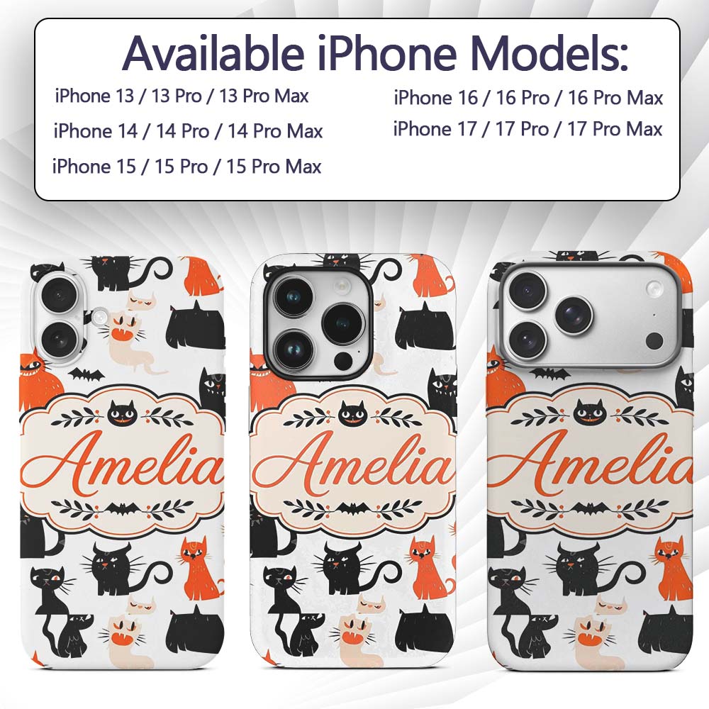 Cute Halloween Black Cats Orange Accents Seamless Custom Name Protective Phone Case Mobile Cover Durable Everyday Smartphone Shock Resistant