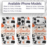 Cute Halloween Black Cats Orange Accents Seamless Custom Name Protective Phone Case Mobile Cover Durable Everyday Smartphone Shock Resistant