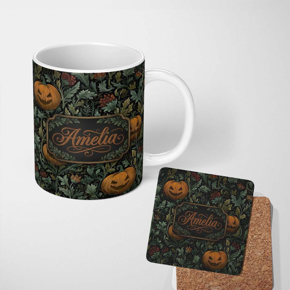 Personalized Custom Name Vintage Pumpkin Botanical Dark Floral Seamless Pattern Name Cute 11oz Ceramic Coffee Tea Mug White Large Handle