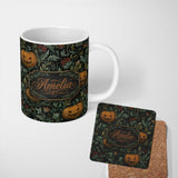 Personalized Custom Name Vintage Pumpkin Botanical Dark Floral Seamless Pattern Name Cute 11oz Ceramic Coffee Tea Mug White Large Handle