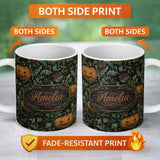 Personalized Custom Name Vintage Pumpkin Botanical Dark Floral Seamless Pattern Name Cute 11oz Ceramic Coffee Tea Mug White Large Handle