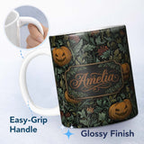 Personalized Custom Name Vintage Pumpkin Botanical Dark Floral Seamless Pattern Name Cute 11oz Ceramic Coffee Tea Mug White Large Handle