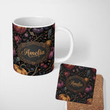 Personalized Custom Name Elegant Autumn Pumpkin Floral Dark Seamless Pattern Name Cute 11oz Ceramic Coffee Tea Mug White Large Handle