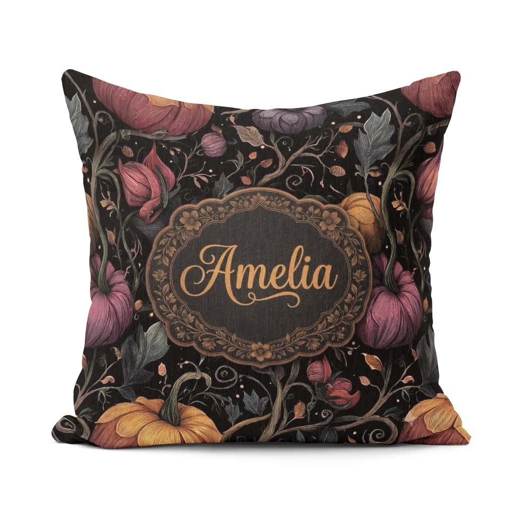Custom Name Elegant Autumn Pumpkin Floral Dark Pattern Name Cute Square Filled Cushion Throw Pillow Sofa Bed Home Decor Zip Washable UK Made