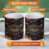 Personalized Custom Name Elegant Autumn Pumpkin Floral Dark Seamless Pattern Name Cute 11oz Ceramic Coffee Tea Mug White Large Handle