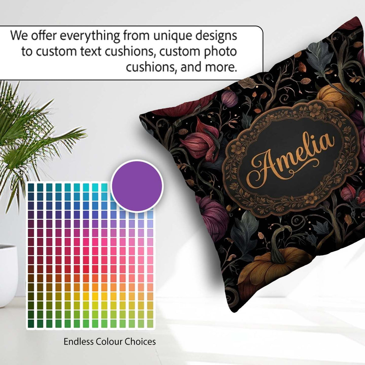 Custom Name Elegant Autumn Pumpkin Floral Dark Pattern Name Cute Square Filled Cushion Throw Pillow Sofa Bed Home Decor Zip Washable UK Made