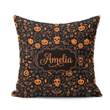Custom Name Spooky Skull Pumpkin Orange Black Seamless Name Cute Square Filled Cushion Throw Pillow Sofa Bed Home Decor Zip Washable UK Made
