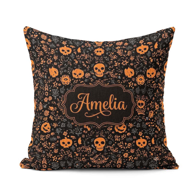 Custom Name Spooky Skull Pumpkin Orange Black Seamless Name Cute Square Filled Cushion Throw Pillow Sofa Bed Home Decor Zip Washable UK Made