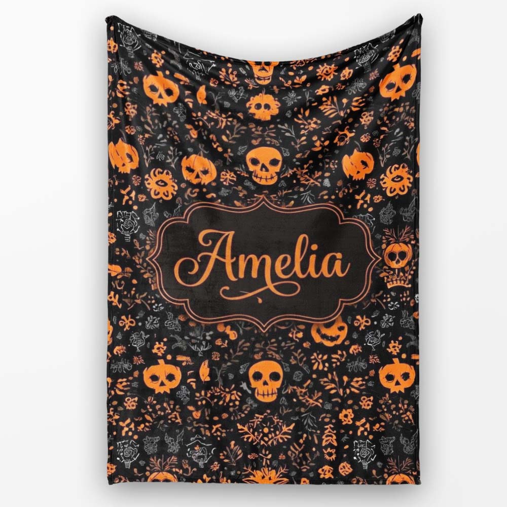 Spooky Skull Pumpkin Orange Black Seamless Pattern Name Cute Unique  Personalised Custom Name Super Soft Fleece Blanket Bed Sofa Throw