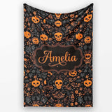 Spooky Skull Pumpkin Orange Black Seamless Pattern Name Cute Unique  Personalised Custom Name Super Soft Fleece Blanket Bed Sofa Throw