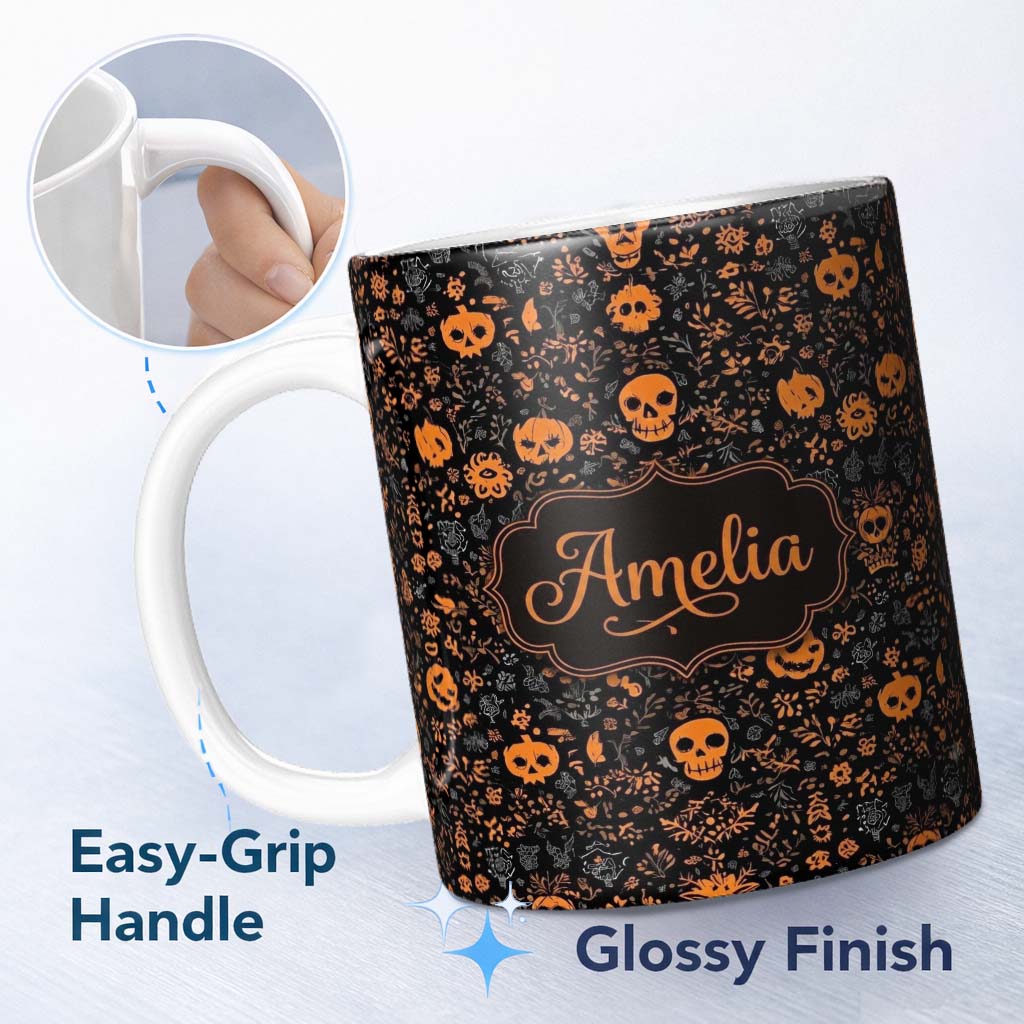 Personalized Custom Name Spooky Skull Pumpkin Orange Black Seamless Pattern Name Cute Unique 11oz Ceramic Coffee Tea Mug White Large Handle
