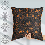 Custom Name Spooky Skull Pumpkin Orange Black Seamless Name Cute Square Filled Cushion Throw Pillow Sofa Bed Home Decor Zip Washable UK Made