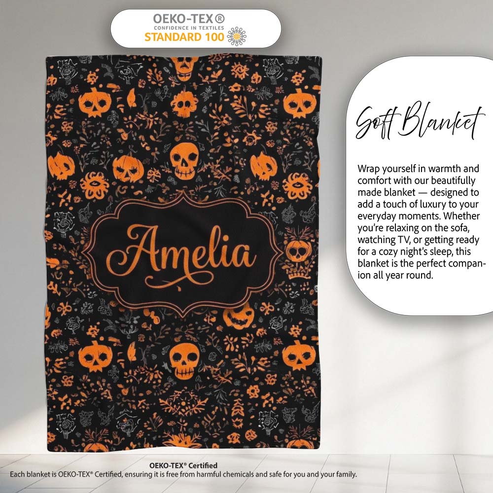 Spooky Skull Pumpkin Orange Black Seamless Pattern Name Cute Unique  Personalised Custom Name Super Soft Fleece Blanket Bed Sofa Throw