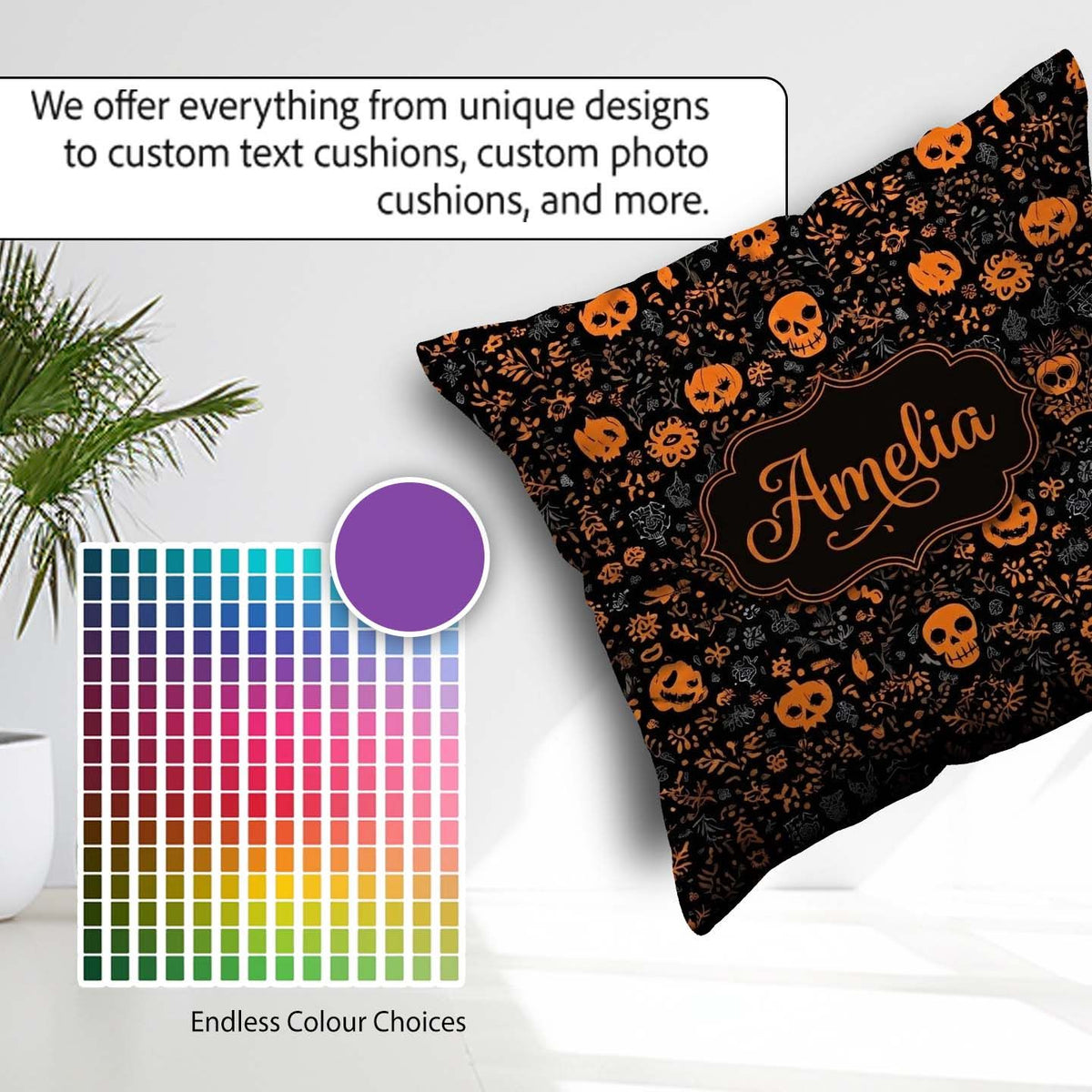 Custom Name Spooky Skull Pumpkin Orange Black Seamless Name Cute Square Filled Cushion Throw Pillow Sofa Bed Home Decor Zip Washable UK Made