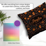 Custom Name Spooky Skull Pumpkin Orange Black Seamless Name Cute Square Filled Cushion Throw Pillow Sofa Bed Home Decor Zip Washable UK Made