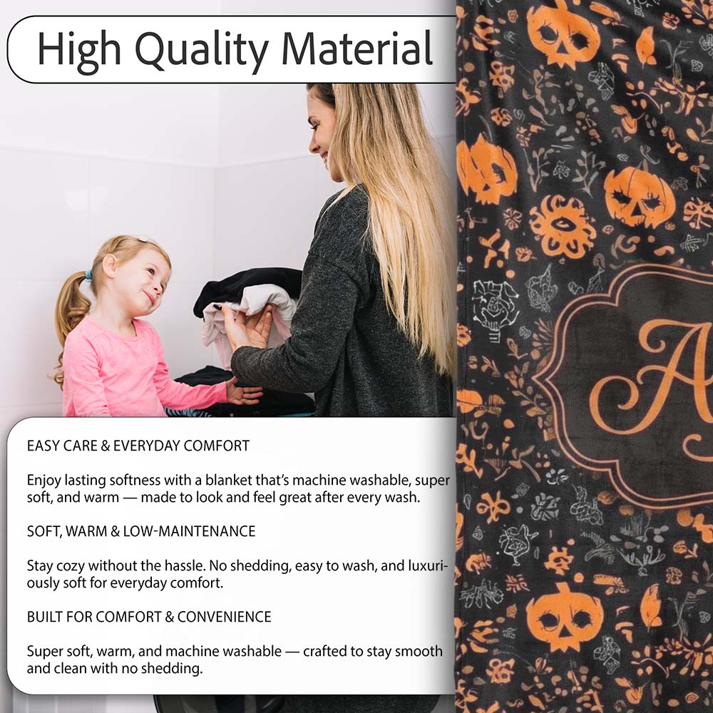 Spooky Skull Pumpkin Orange Black Seamless Pattern Name Cute Unique  Personalised Custom Name Super Soft Fleece Blanket Bed Sofa Throw