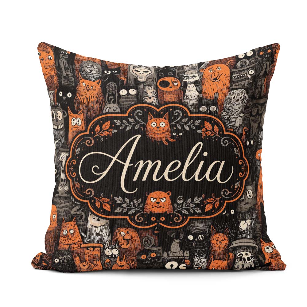 Custom Name Halloween Folk Art Animal Seamless Pattern Name Cute Square Filled Cushion Throw Pillow Sofa Bed Home Decor Zip Washable UK Made