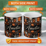 Personalized Custom Name Halloween Folk Art Animal Crowd Seamless Pattern Name Cute Unique 11oz Ceramic Coffee Tea Mug White Large Handle