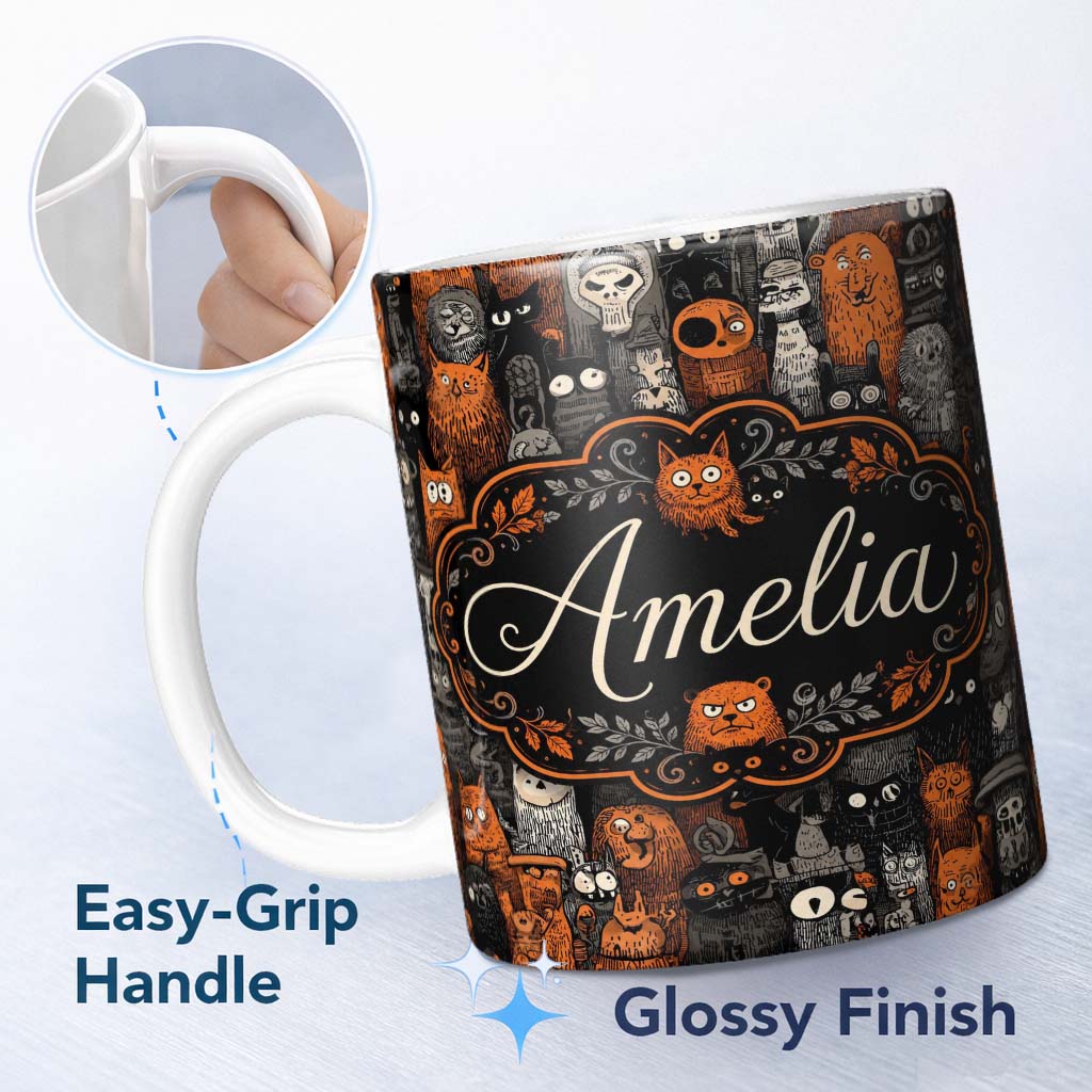 Personalized Custom Name Halloween Folk Art Animal Crowd Seamless Pattern Name Cute Unique 11oz Ceramic Coffee Tea Mug White Large Handle