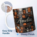 Personalized Custom Name Halloween Folk Art Animal Crowd Seamless Pattern Name Cute Unique 11oz Ceramic Coffee Tea Mug White Large Handle