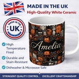 Personalized Custom Name Halloween Folk Art Animal Crowd Seamless Pattern Name Cute Unique 11oz Ceramic Coffee Tea Mug White Large Handle