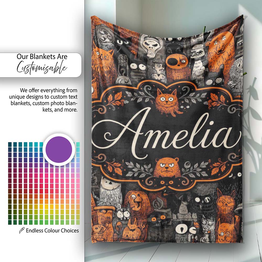 Halloween Folk Art Animal Crowd Seamless Pattern Name Cute Unique  Personalised Custom Name Super Soft Fleece Blanket Bed Sofa Throw
