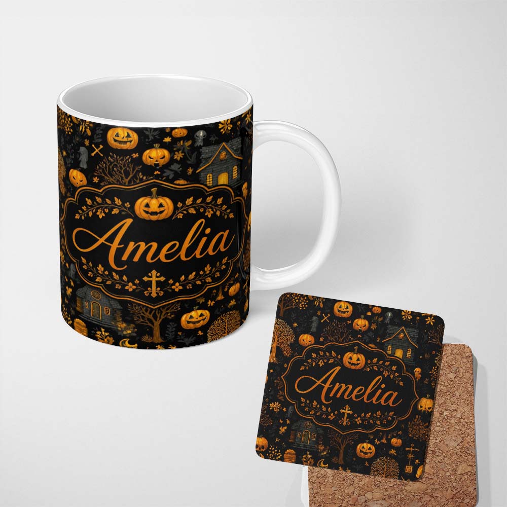 Personalized Custom Name Haunted House Pumpkin Autumn Night Seamless Pattern Name Cute 11oz Ceramic Coffee Tea Mug White Large Handle