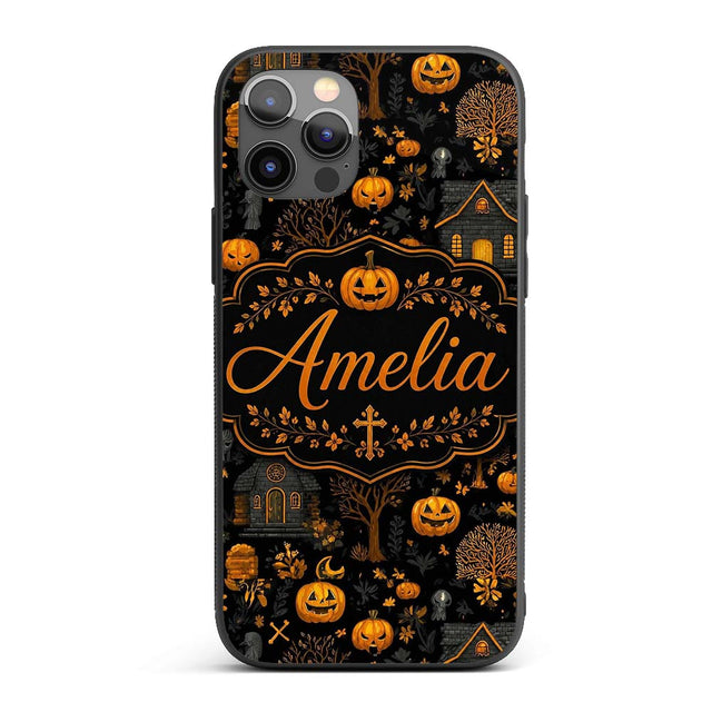 Haunted House Pumpkin Autumn Night Printed Design Custom Name Protective Phone Case Mobile Cover Durable Everyday Smartphone Shock Resistant