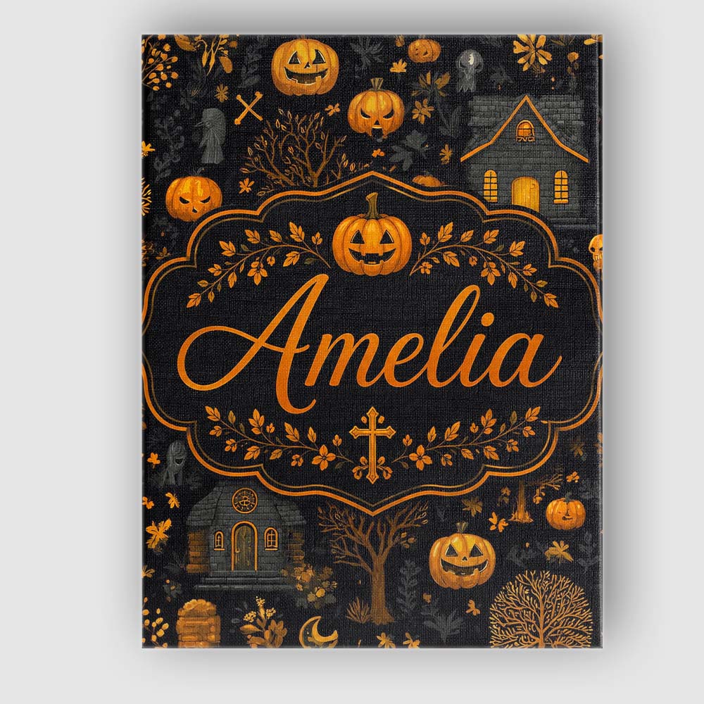 Personalised Name Haunted House Pumpkin Custom  Modern Room Accent Elegant Feature Canvas Wall Art Print Decor Picture Ready to Hang