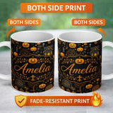 Personalized Custom Name Haunted House Pumpkin Autumn Night Seamless Pattern Name Cute 11oz Ceramic Coffee Tea Mug White Large Handle