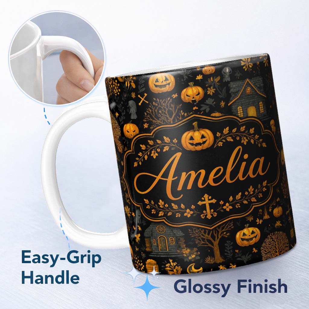Personalized Custom Name Haunted House Pumpkin Autumn Night Seamless Pattern Name Cute 11oz Ceramic Coffee Tea Mug White Large Handle