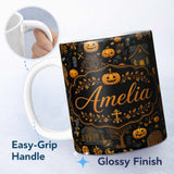 Personalized Custom Name Haunted House Pumpkin Autumn Night Seamless Pattern Name Cute 11oz Ceramic Coffee Tea Mug White Large Handle