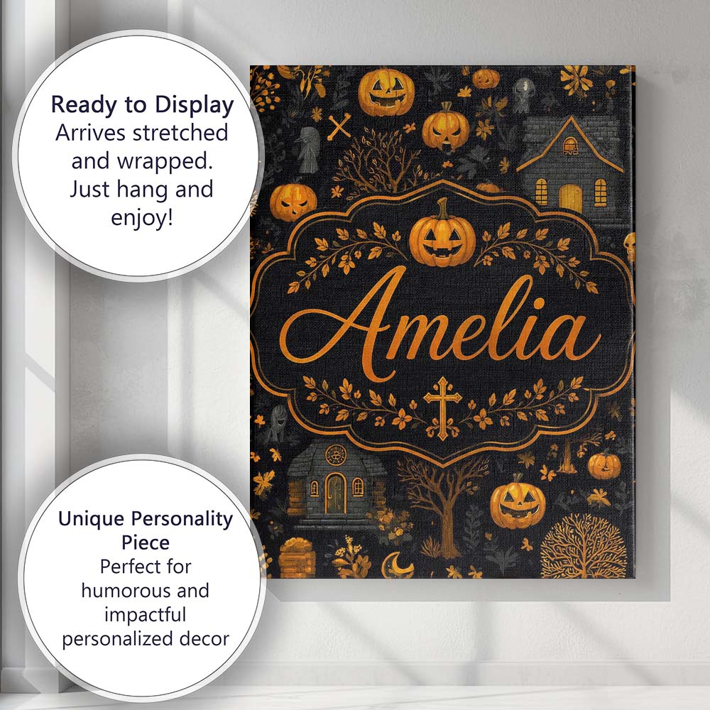 Personalised Name Haunted House Pumpkin Custom  Modern Room Accent Elegant Feature Canvas Wall Art Print Decor Picture Ready to Hang