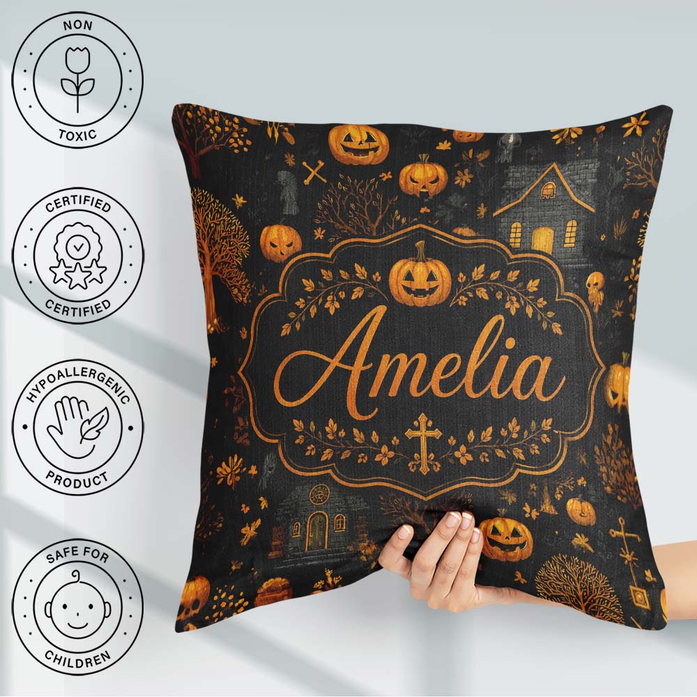 Custom Name Haunted House Pumpkin Autumn Night Pattern Name Cute Square Filled Cushion Throw Pillow Sofa Bed Home Decor Zip Washable UK Made