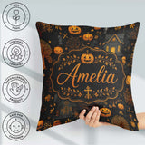 Custom Name Haunted House Pumpkin Autumn Night Pattern Name Cute Square Filled Cushion Throw Pillow Sofa Bed Home Decor Zip Washable UK Made