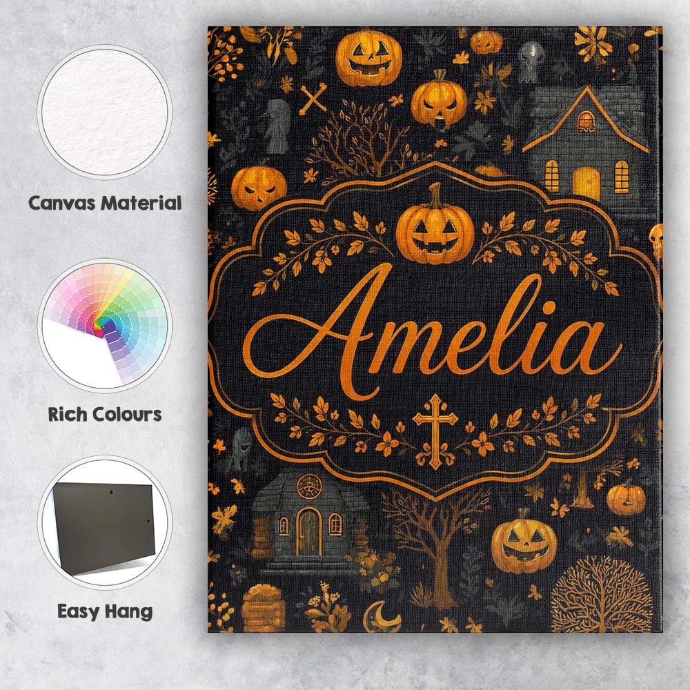 Personalised Name Haunted House Pumpkin Custom  Modern Room Accent Elegant Feature Canvas Wall Art Print Decor Picture Ready to Hang