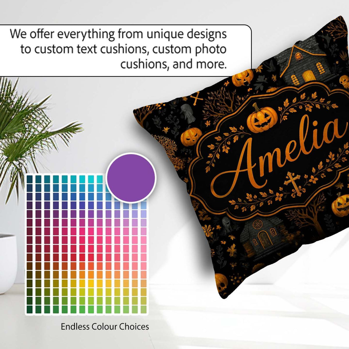 Custom Name Haunted House Pumpkin Autumn Night Pattern Name Cute Square Filled Cushion Throw Pillow Sofa Bed Home Decor Zip Washable UK Made