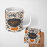Personalized Custom Name Vintage Pumpkin Skull Botanical Cream Seamless Pattern Name Cute 11oz Ceramic Coffee Tea Mug White Large Handle