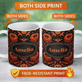 Personalized Custom Name Halloween Skull Floral Orange Gothic Seamless Pattern Name Cute 11oz Ceramic Coffee Tea Mug White Large Handle