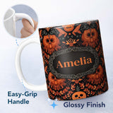 Personalized Custom Name Halloween Skull Floral Orange Gothic Seamless Pattern Name Cute 11oz Ceramic Coffee Tea Mug White Large Handle