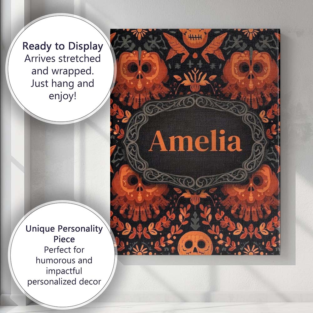 Personalised Name Halloween Skull Floral Custom  Unique Gift Idea Elegant Feature Canvas Wall Art Print Decor Picture Ready to Hang