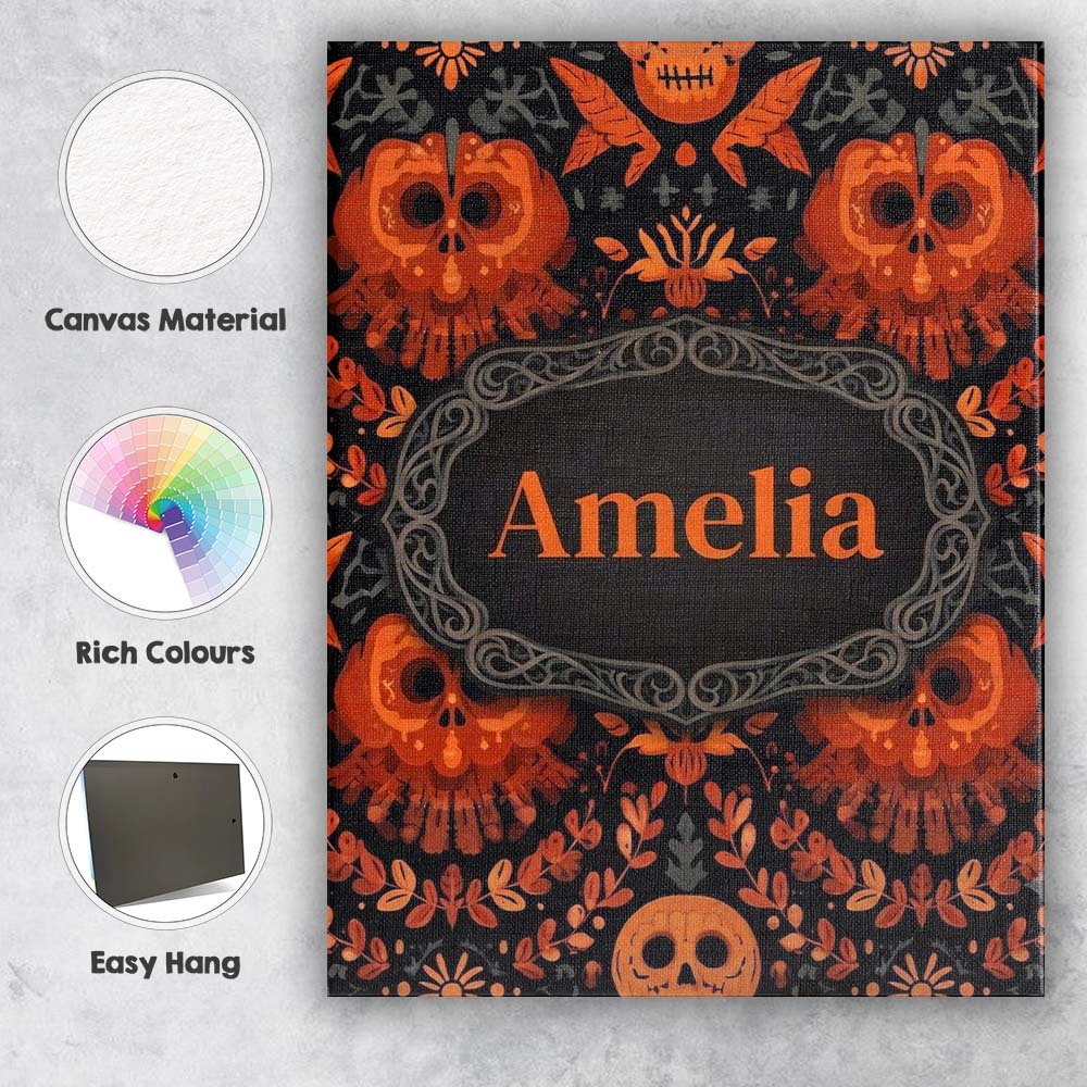 Personalised Name Halloween Skull Floral Custom  Unique Gift Idea Elegant Feature Canvas Wall Art Print Decor Picture Ready to Hang