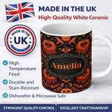 Personalized Custom Name Halloween Skull Floral Orange Gothic Seamless Pattern Name Cute 11oz Ceramic Coffee Tea Mug White Large Handle