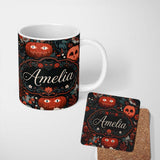 Personalized Custom Name Halloween Black Cat Pumpkin Autumn Leaves Seamless Pattern Name Cute 11oz Ceramic Coffee Tea Mug White Large Handle